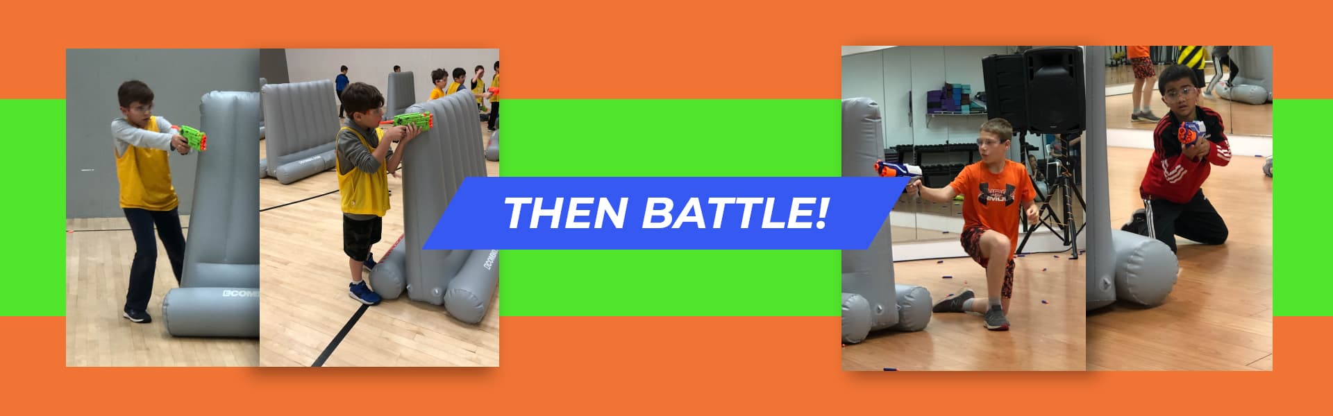 Kids in a nerf battle with inflatable walls
